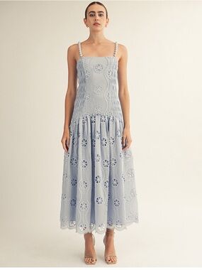 arose studio harper blue lace beaded detail drop waist midi sun dress small NEW